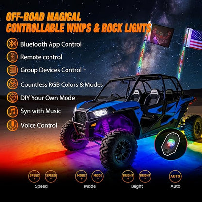 Nilight 2PCS 3FT RGB LED Whip Light with Spring Base and 8 PCS Rock Lights Combo, Remote App Control w/DIY Chasing Patterns Turn Signal Brake Reverse Antenna Lighted Whips for ATV UTV Polaris RZR Jeep
