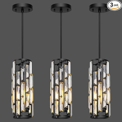 Black Pendant Lights Kitchen Island 3 Pack, Mini Crystal Chandeliers, Modern Pendant Lights Ceiling Lighting Fixtures for Kitchen Island, Dinning Room, Bedroom