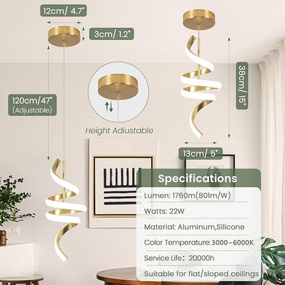3000-6000K Dimmable Modern Pendant Light,Gold LED Pendant Light for Kitchen Island Fixtures Chandeliers for Dining Room Hanging Lights, 1 Pack