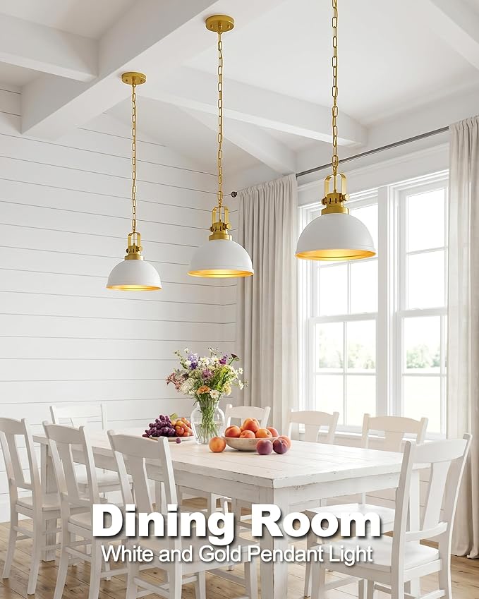 White and Gold Pendant Lights, 11.8" Modern Dome Pendant Light Fixtures with Adjustable Chain Hanging Lighting for Kitchen Island Dining Room Restaurant Bedroom Foyer Entrance Sink