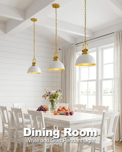 White and Gold Pendant Lights, 11.8" Modern Dome Pendant Light Fixtures with Adjustable Chain Hanging Lighting for Kitchen Island Dining Room Restaurant Bedroom Foyer Entrance Sink