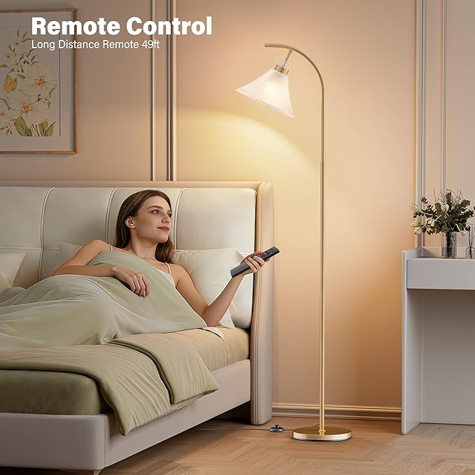 SIBRILLE Gold Floor Lamp with Remote, Dimmable Glass Arc Standing Lamp, Ribbed Frosted Glass Shade, 3 Color Temperatures, Foot Switch, 9W LED Bulb for Living Room Bedroom Office