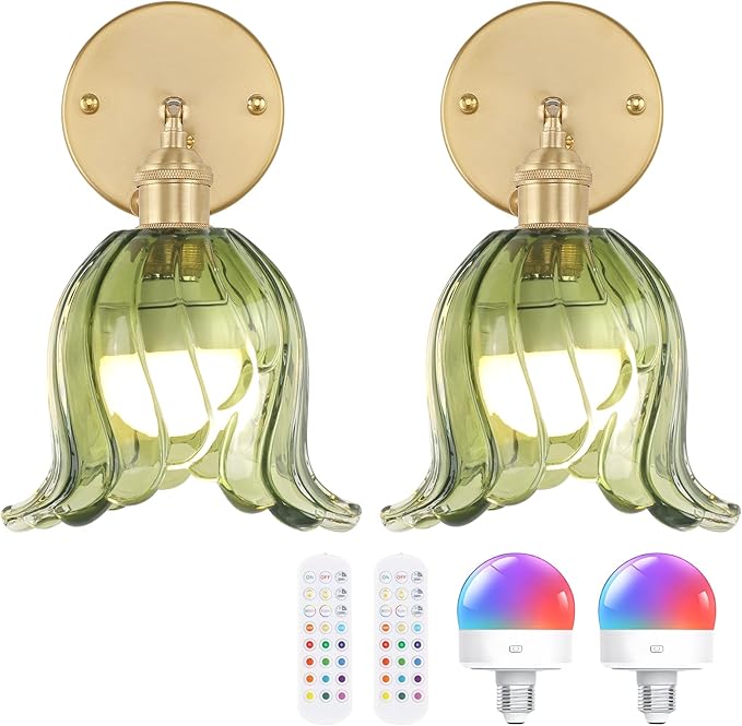 Shenmoyl Vintage Battery Operated Wall Sconces Set of Two, Rechargeable Battery Powered Wall Sconces with Remote Control, Wireless Dimmable LED Light for Bedside Bathroom Living Room (Green Lily)