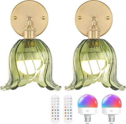 Shenmoyl Vintage Battery Operated Wall Sconces Set of Two, Rechargeable Battery Powered Wall Sconces with Remote Control, Wireless Dimmable LED Light for Bedside Bathroom Living Room (Green Lily)