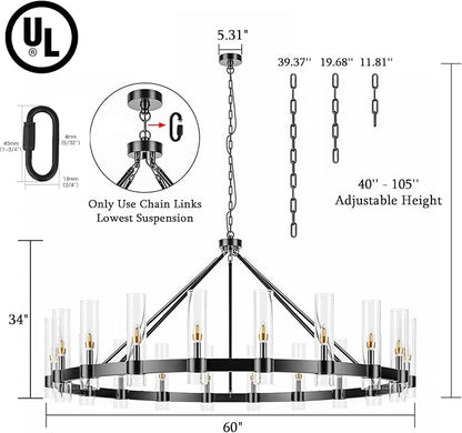 20-Lights Black Wagon Wheel Chandelier Modern Farmhouse with Glass Shade, 60 Inch Large Round Industrial High Ceilings Pendant Lighting Fixture for Dining Living Room, Kitchen Island, Foyer
