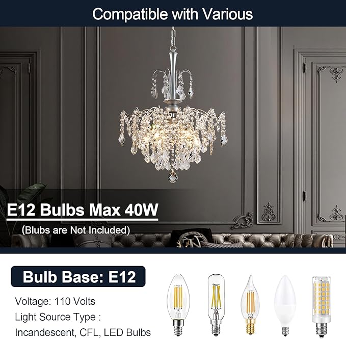 Modern Crystal Chandelier, Chrome Candle Chandeliers for Dining Room Lighting Fixtures Hanging, Kitchen Ceiling Hanging Pendant Light for Bedroom Living Room Kitchen Island Hallway