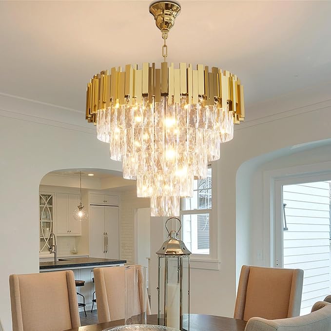 Modern Crystal Chandeliers, 24" Gold Adjustable Height Pendant Light, 5-Tier Round Crystal Ceiling Chandelier for High Ceiling, Foyer, Living Room, Staircase, Dining Room