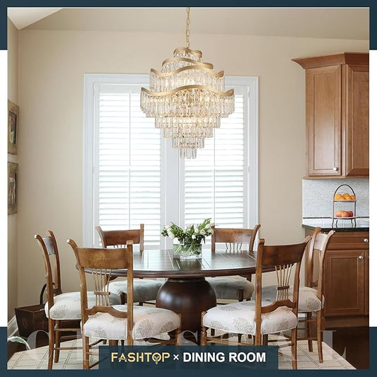 9-Tier Gold Crystal Chandelier 16 Lights Luxury Light Fixtures 24" K9 Crystal Pendant Ceiling Lighting for Living Room Dining Room Foyer Bedroom Kitchen, E12