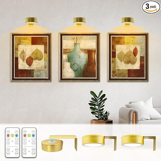 Arixinks Battery Picture Light 3Pack Gold,Wireless Painting Light with Remote,3 Lighting&Dimmable,Wall Art for Painting Accent Light &Timer for Pictures Frames Gallery Potrait Magnetic