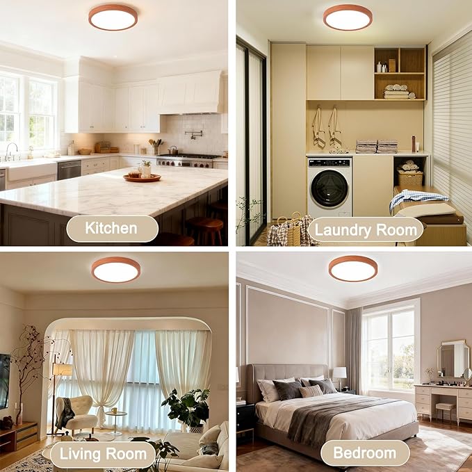 9 Inch LED Wood Grain Flush Mount Ceiling Light Fixtures Set of 2, Modern 22W Round Flat Overhead 3000K-4000K-6000K Selectable Ceiling Lamps for Bedroom, Living Room, Kitchen, Entryway