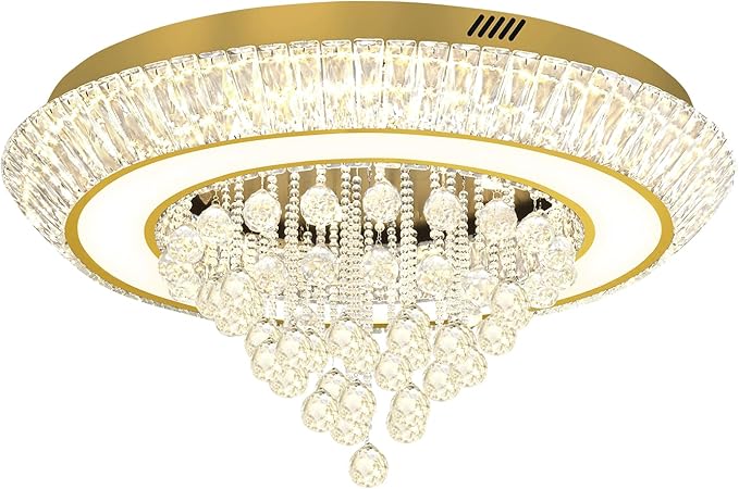 Modern LED Crystal Chandelier, Large Round Raindrop Chandelier for Living Dining Room 32in Gold Flush Mount Ceiling Light Kitchen Island Bar