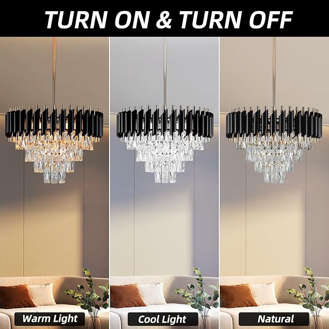 Modern Crystal Chandelier 5-Lights Black and Gold Chandelier for Dining Room Light Fixture 4-Tier Round Pendant Flush Mount Chandeliers Ceiling Lighting for Living Room Kitchen Bedroom Foyer