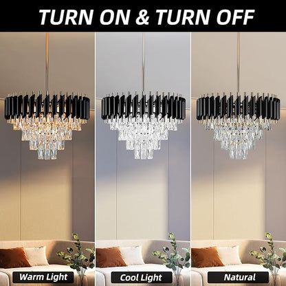 Modern Crystal Chandelier 5-Lights Black and Gold Chandelier for Dining Room Light Fixture 4-Tier Round Pendant Flush Mount Chandeliers Ceiling Lighting for Living Room Kitchen Bedroom Foyer