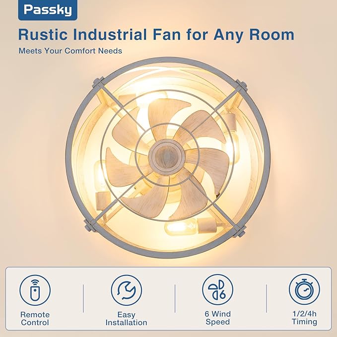 Passky 20" Farmhouse Flush Mount Ceiling Fans with Lights and Remote, Industrial White Caged Low Profile Fandelier, 6 Speeds Bladeless Ceiling Fan for Bedroom, Kitchen, Living Room