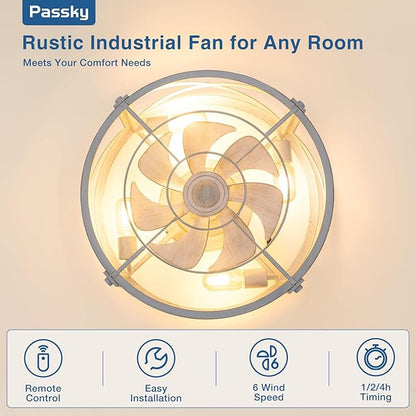 Passky 20" Farmhouse Flush Mount Ceiling Fans with Lights and Remote, Industrial White Caged Low Profile Fandelier, 6 Speeds Bladeless Ceiling Fan for Bedroom, Kitchen, Living Room