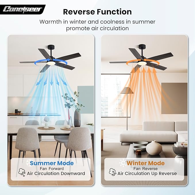 Modern 52 Inch Ceiling Fans with Lights and Remote for Bedroom Living Room Kitchen Home Office Indoor/Outdoor, 18W 3CCT Dual Color 5 Blades 6 Speed Reversible Quiet DC Motor, Black/Wood Grain