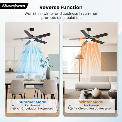 Modern 52 Inch Ceiling Fans with Lights and Remote for Bedroom Living Room Kitchen Home Office Indoor/Outdoor, 18W 3CCT Dual Color 5 Blades 6 Speed Reversible Quiet DC Motor, Black/Wood Grain