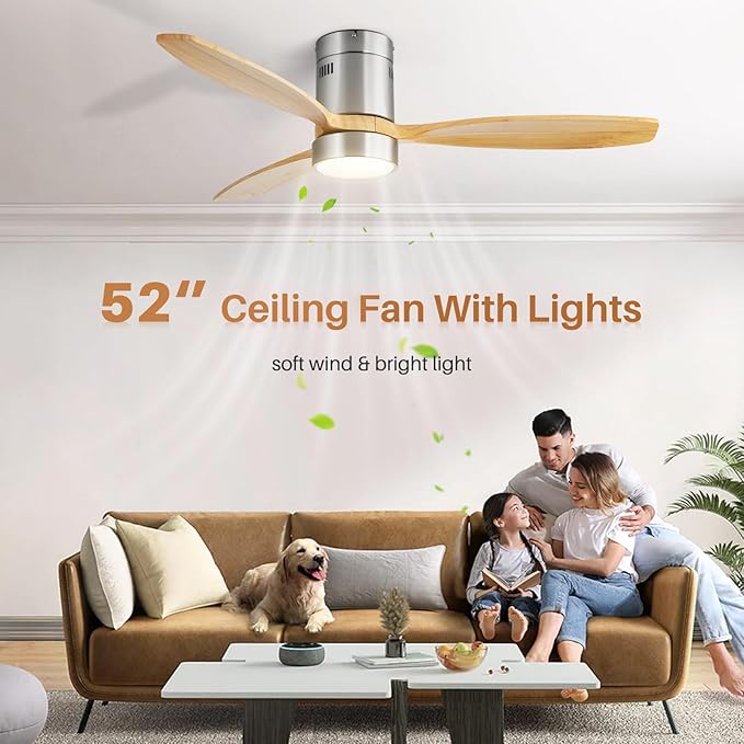 Sofucor 52 Inch Smart Ceiling Fans with Light-Modern Solid Wood Outdoor 3 Blades Ceiling Fan with Light Alexa/Google/APP/Remote Control for Bedroom Living Room Farmhouse,Brushed Nickel&Natural Wood