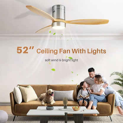 Sofucor 52 Inch Smart Ceiling Fans with Light-Modern Solid Wood Outdoor 3 Blades Ceiling Fan with Light Alexa/Google/APP/Remote Control for Bedroom Living Room Farmhouse,Brushed Nickel&Natural Wood