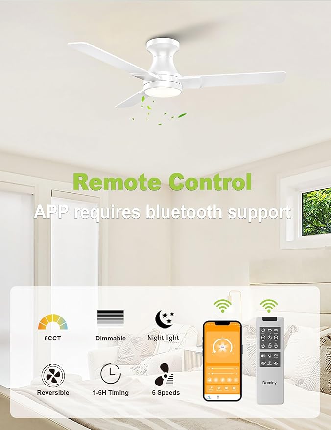 DAMINY 42 inch Ceiling Fans with Lights,3 Blades,6CCT, Low Profile Ceiling Fan with Light and Remote Control,Ceiling Fan for Bedroom, Kitchen,Indoor/Outdoor Use,Flush Mount-White