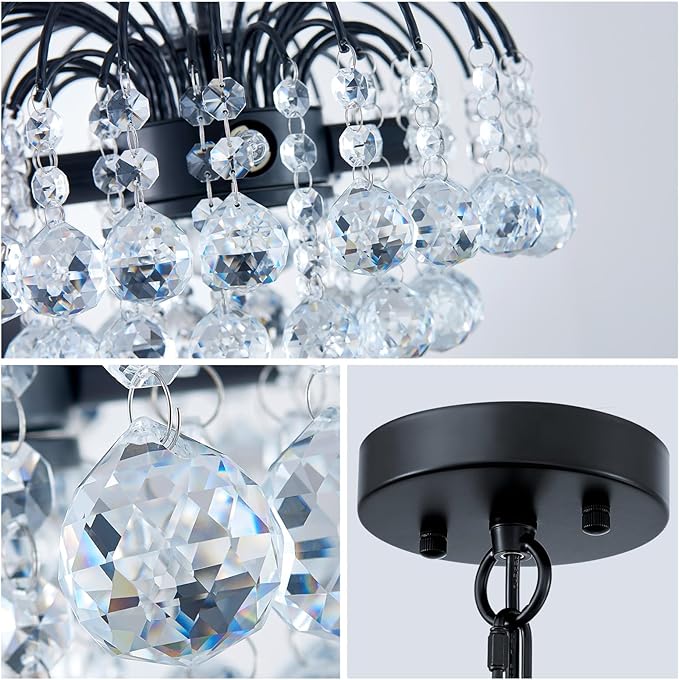 WUZUPS Crystal Chandelier Pendant Flushmount Ceiling Light Modern Lighting Fixture for Bedroom Hallway Bar Kitchen Bathroom, H 14.4" x W 11.8", Black, E12 Base