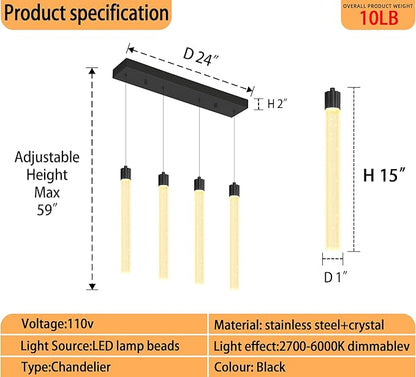 4-Lights Black Modern Crystal Column Chandeliers for Dining Room Dimmable LED Adjustable Height Hanging Pendant Light for Kitchen Island,Bedroom,Over Table,Living Room