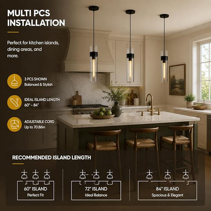 Modern Glass Black Pendant Lights Kitchen Island, Adjustable Cord Pendant Light Fixtures,Kitchen Pendant Lighting Over Island,Indoor Chandeliers for Bedroom Bathroom, Included Bulb