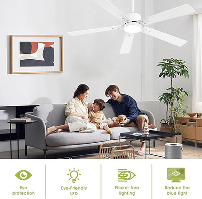 Ceiling Fans with Lights and Remote - 52 Inch Modern Cooling Fan with Noiseless Reversible DC Motor Timer White Ceiling Fan for Bedroom Living Room Dining room