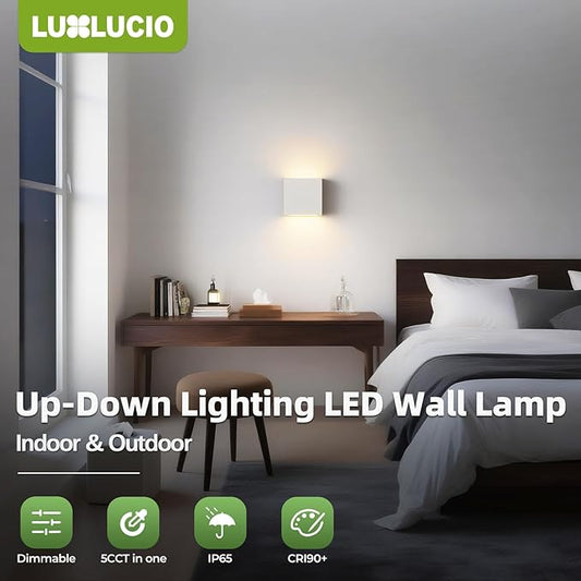 2 Pack Indoor Outdoor White Up and Down LED Wall Light, Modern Bedroom/Porch Wall Lamp, IP65 Waterproof, 5%-100% Dimmable 18W 1620lm, 5CCT (2700K-5000K), CRI90+, 120V-277V