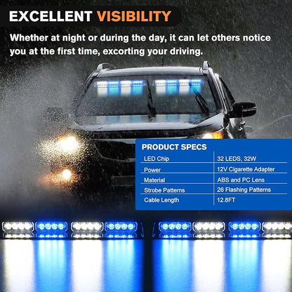 Nilight 32LED Blue White Emergency Dash Strobe Lights with Controller Suction Cups Warning Hazard Interior Front/Rear Windshield Deck Split Light Bar for Truck Construction Vehicle