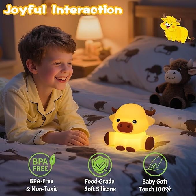 OkiyiD Highland Cow Lamp, Dimmable Silicone Touch Night Light, Soft Glow Bedside Lamp for Bedroom or Desk Decor, Highland Cow Gifts, USB Powered with Gentle Illumination