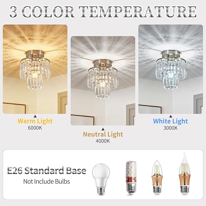 Crystal Ceiling Chandelier,Mini Chandelier Light Fixture with K9 Crystals,Brushed Nickel Finish for Living Room Entryway Bedroom Laundry Room,1-Light E26 Base