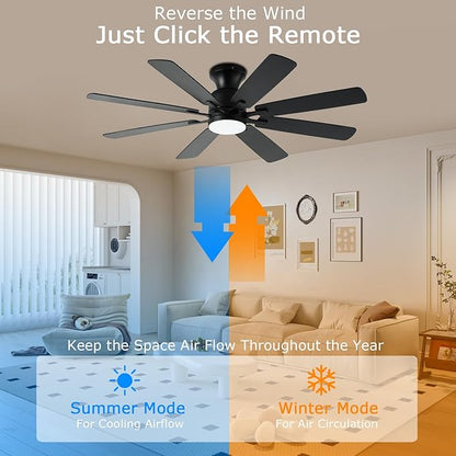 KNUN 52 Inch Ceiling Fan with Light,Low profile Ceiling Fans with Remote Control or App Control, 8 Blades, Noiseless, DC Motor, Flush Mount Ceiling Fan for Bedroom,Living Room, Indoor/Outdoor Black