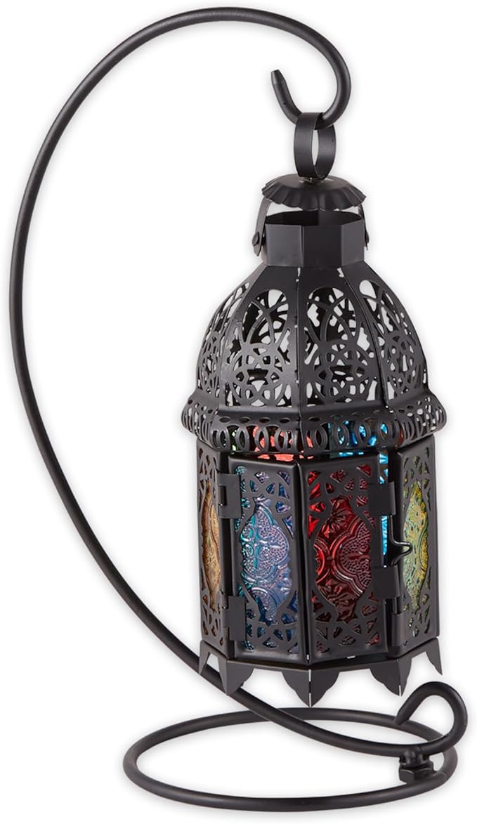 Zingz & Thingz Moroccan Style Candle Lantern Holder, Decorative Light Home Decor, Indoor & Outdoor, 13" Tall, Black with Rainbow Glass