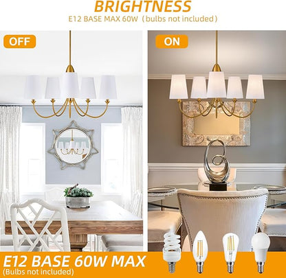 Gold Chandeliers for Dining Room,5-Light Farmhouse Dining Room Light Fixture with White Fabric Shade,30" Modern Industral Chandelier for Bedroom Foyer Living Room Kitchen.