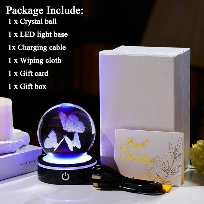 YWHL 3D Butterfly Gifts for Women, Crystal Butterfly Figurine Ball with Colorful Light Base, Birthday Mother Day for Butterfly Lover, Glass Animal Collection Sphere Home Decor(80mm)