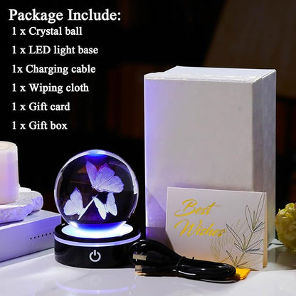 YWHL 3D Butterfly Gifts for Women, Crystal Butterfly Figurine Ball with Colorful Light Base, Birthday Mother Day for Butterfly Lover, Glass Animal Collection Sphere Home Decor(80mm)