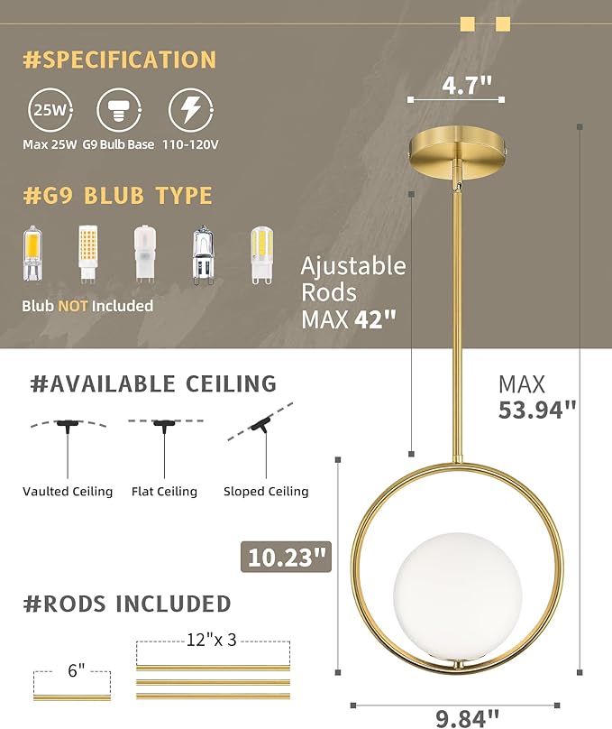 AUTELO Pendant Lights Kitchen Island, 1-Light Brushed Gold Modern Pendant Lights with Milky White Globe Hanging Lamp, Adjustable Rods for Kitchen Bar Living Room, H9380 MGBG