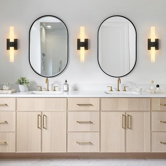 KUZZULL Wall Sconces Set of Two Matte Black Modern Bathroom Sconces Lighting Set of 2 Frosted Glass Shade Indoor Wall Lamp Wall Mounted Lights Metal Wall Light Fixtures for Living Room Stairs