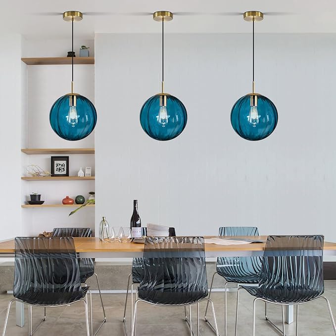 Modern Blue Glass Pendant Light, Kitchen Island Lighting 3-Pack Globe Pendant Light Fixtures Century Kitchen Island Pendant Lighting for Bedroom Living Dining Room Light Fixture (Without Bulb)