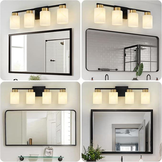 4-Light Bathroom Light Fixtures, Modern Vanity Lights, Black and Gold Metal Wall Lamp with White Marble Glass for Bathroom, Mirror, Living Room, Bedroom, Cabinet, Porch, Hallway, E26 Base