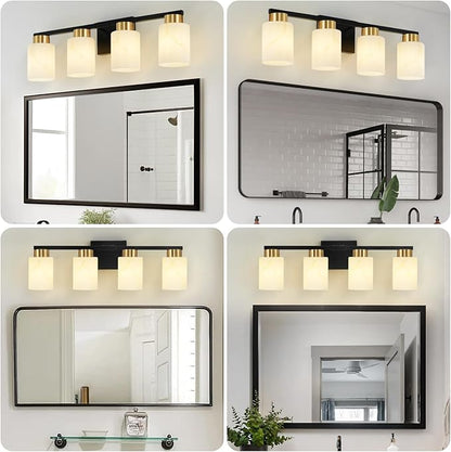 4-Light Bathroom Light Fixtures, Modern Vanity Lights, Black and Gold Metal Wall Lamp with White Marble Glass for Bathroom, Mirror, Living Room, Bedroom, Cabinet, Porch, Hallway, E26 Base