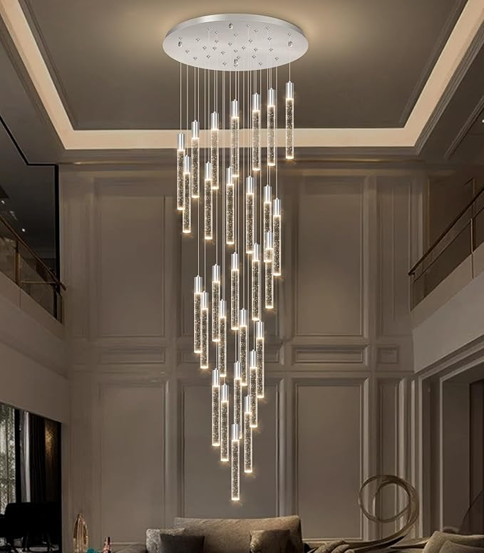 HAIXIANG W27.5 x H177 Large Glam Chandelier Bubble Crystal Ceiling Chandeliers Remote Dimmable LED Light High Ceiling Pendants Light Fixtures Adjustable Long Lights 28-Lights Silver Lamp