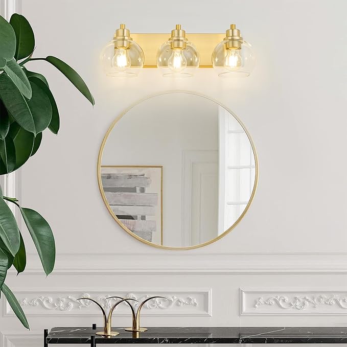 Tuscarora Bathroom Light Fixtures Gold Vanity Light 3 Light Wall Sconces Lighting Brushed Brass Bathroom Lights Bath Wall Lights Wall Lamp for Mirror (Brushed Gold & Clear Glass)