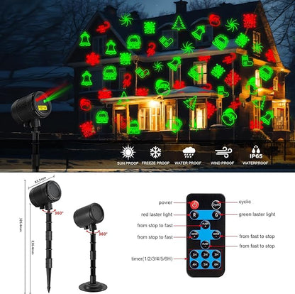 Christmas Laser Projector Lights, 10 Patterns Moving Red Green Outdoor Garden Waterproof Decorative Starry Lights Projector with RF Remote for Holiday Party Indoor Decoration Home Decor