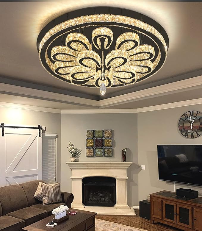 Modern Chandeliers for Living Room Crystal Chandelier Ceiling Light Fixture LED Dimmable with Remote Pendant Lighting Flush Mount Lighting for Dining Room Bedroom Black