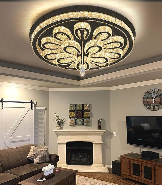 Modern Chandeliers for Living Room Crystal Chandelier Ceiling Light Fixture LED Dimmable with Remote Pendant Lighting Flush Mount Lighting for Dining Room Bedroom Black