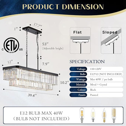 L40” Large Modern Rectangular Chandeliers 12 Lights Luxury K9 Crystal Ceiling Pendant Light Fixture Modern Black Long Chandelier for Kitchen Island Dining Room Living Room Bar