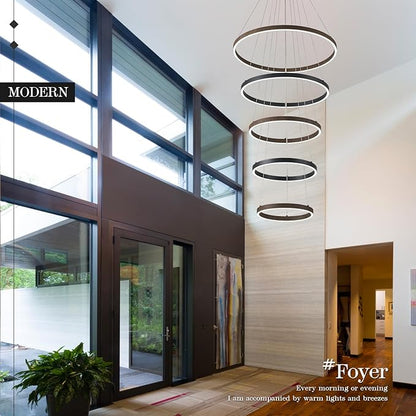 LED 5-Ring Chandelier for High Ceiling Foyer Chandelier with Remote Control Dimmable Circle Round Light Fixture Modern Wood & Black Ring Chandeliers for High Ceiling Living Room Entry, 100W