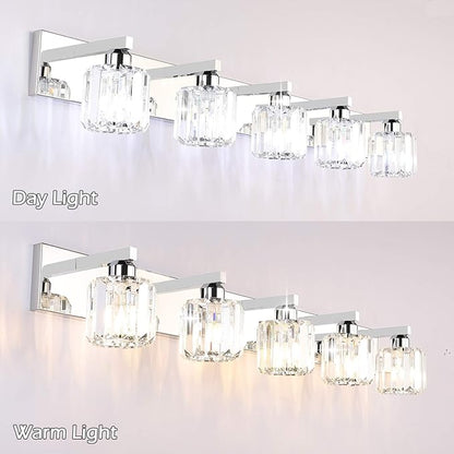 Aipsun Crystal Bathroom Vanity Light Stainless Steel Modern Vanity Light 5 Lights Crystal Bathroom Vanity Light Fixtures (Exclude Bulb)